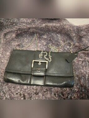 Vintage Black Leather Shoulder Bag with Silver Chain